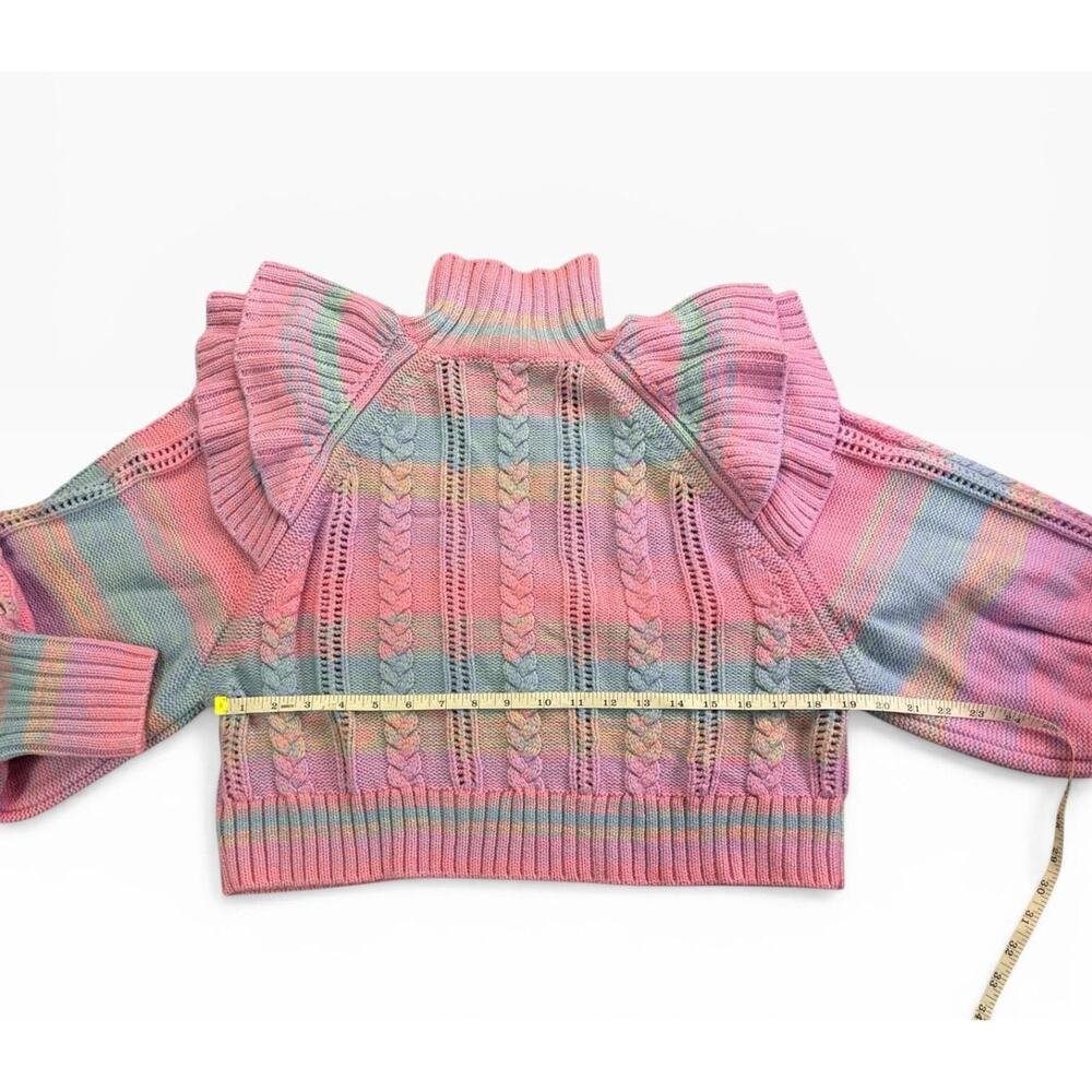 Pastel Rainbow Cable Knit Sweater XS Something Navy Ruffle Shoulder Knit Preppy - Picture 10 of 10